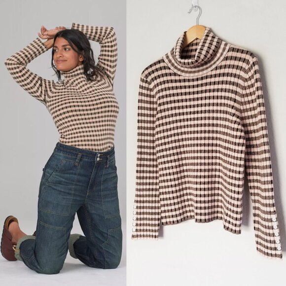 By Anthropologie Maeve Striped Turtle Neck Jumper Sweater Size XL Retro Mock - Picture 4 of 16